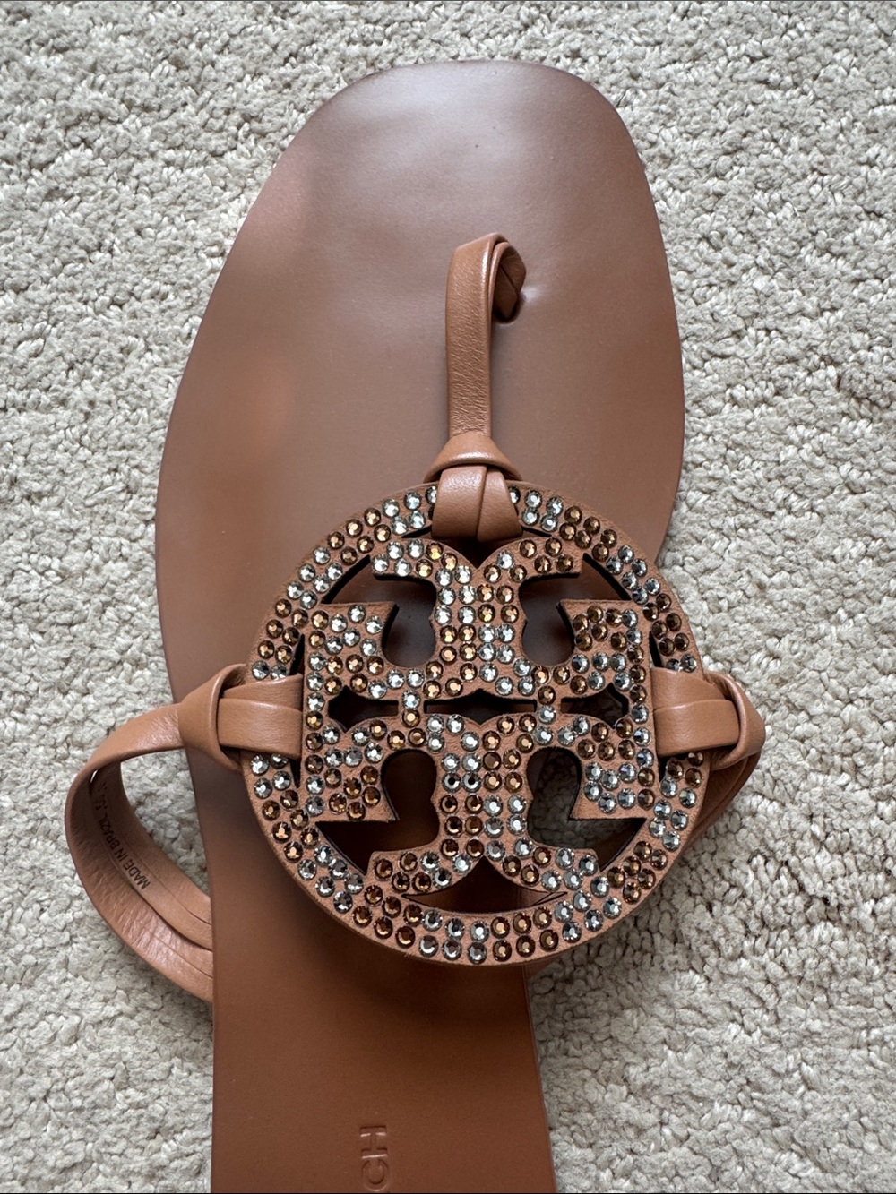 Tory Burch Tan Leather Miller Sandals with Crystal Logo - Picture 4 of 5